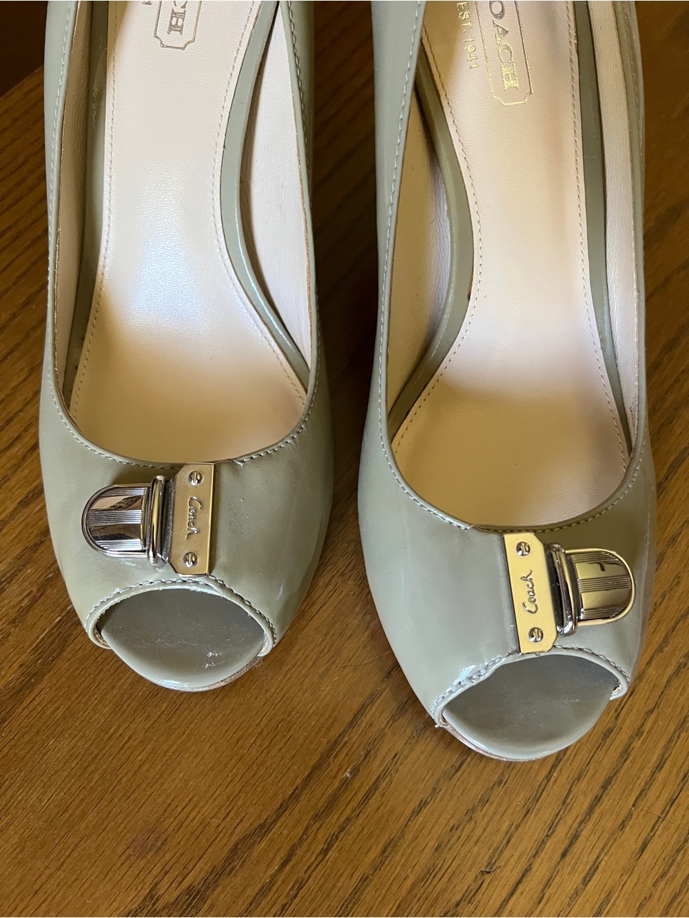 Coach Taupe Patent Leather Peep-Toe Heels with Silver Buckle size 7B - Picture 3 of 6